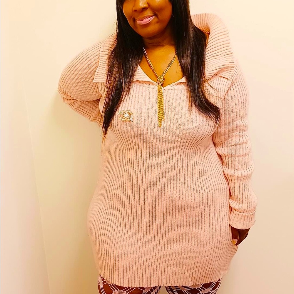 Pale Pink Long Sleeve Above Trendy Sweater Dress